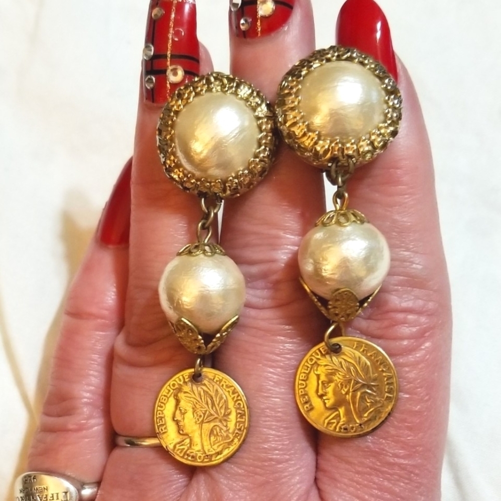 Rare Miriam Haskell Vintage Pearl Republique Francais Coin Earrings